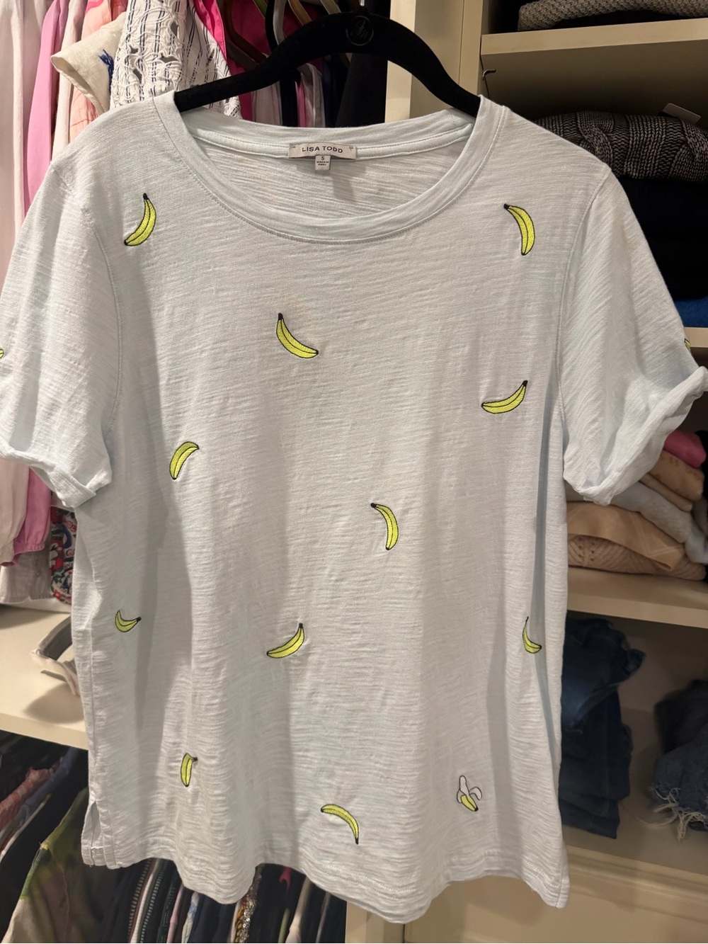 Lisa Todd Women’s Light Blue Banana Print Tee, small